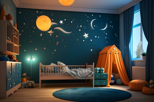 stock photo of nursery room in kids room at home night AI Generated