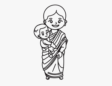 cute Indian mom in saree with a baby