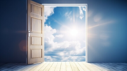 Open door with blue sky and clouds .generative ai