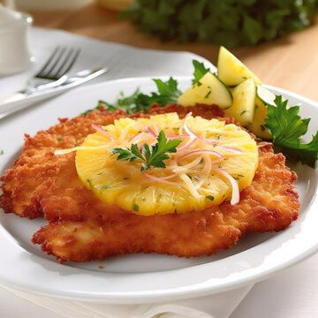Schnitzel Hawaii. Ein paniertes Schnitzel, das mit einer Scheibe Ananas und Schinken belegt wird. &Uuml;berbacken wird es mit K&auml;se, bis dieser geschmolzen und goldbraun ist. Dazu passen Pommes oder Reis.
