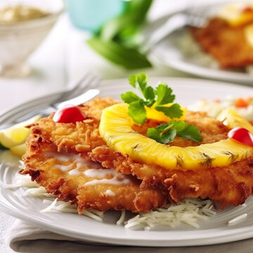 Schnitzel Hawaii. Ein paniertes Schnitzel, das mit einer Scheibe Ananas und Schinken belegt wird. &Uuml;berbacken wird es mit K&auml;se, bis dieser geschmolzen und goldbraun ist. Dazu passen Pommes oder Reis.
