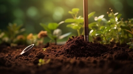 Gardening concept. Gardening tools in the soil on blurred background.generative ai