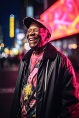 Obraz premium Happy elderly man wearing neon clothes. Generative AI