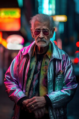 Obraz premium Happy elderly man wearing neon clothes. Generative AI