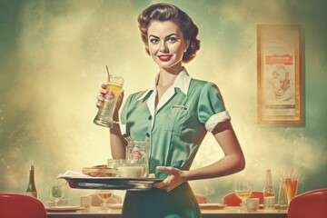 Old vintage retro illustration poster of a female waiter at an American restaurant diner, classical 50s and 60s look, Created with generative AI tools