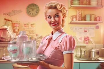 Old vintage retro illustration poster of a female waiter at an American restaurant diner, classical 50s and 60s look, Created with generative AI tools