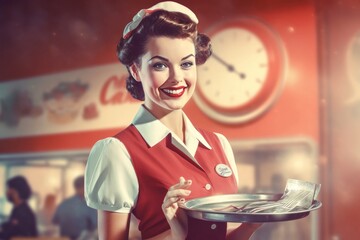 Old vintage retro illustration poster of a female waiter at an American restaurant diner, classical 50s and 60s look, Created with generative AI tools