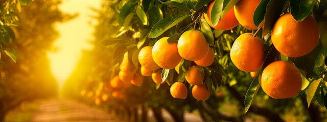 A branch with natural oranges on a blurred background of an orange orchard at golden hour. The concept of organic, local, seasonal fruits and harvest