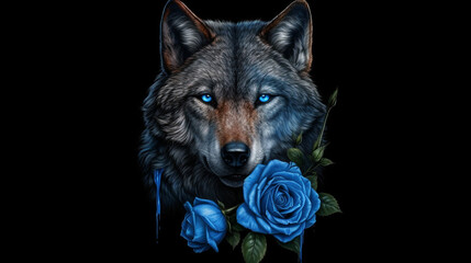 Wolf with blue flowers on a black background.generative ai