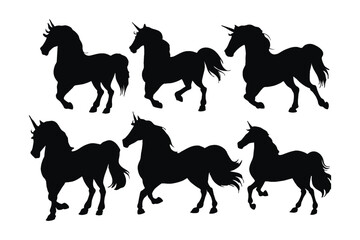 Mythical creatures like unicorn, silhouettes on a white background. Unicorn full body silhouette collection. Wild unicorn running in different positions. Beautiful mythical horse silhouette bundle.