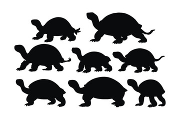 Sea creatures and reptiles like turtles swimming in different positions. Tortoise full body silhouette collection. Wild turtle silhouettes on a white background. Beautiful turtle silhouette bundle.