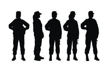 Girl infantry unit wearing uniforms silhouette bundle. Female special forces silhouette collection. Female soldier silhouette set vector on a white background. Army women with anonymous faces.