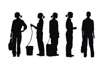 Cleaner women with anonymous faces. Female cleaners wearing uniforms and cleaning equipment silhouette bundle. Girl worker silhouette collection. Female cleaner silhouette set on a white background.