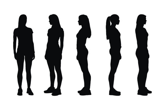 Female model silhouette on a white background. Girl actors posing in different positions. Female model silhouette bundle. Women fashion actors with anonymous faces. Actress silhouette collection.
