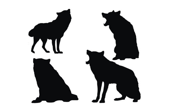 Wolf full body silhouette collection. Carnivore wolves silhouette bundle. Dangerous wild animals like wolf, silhouettes on a white background. Wild wolves sitting and howling in different positions.