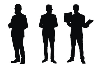 Men lawyers wearing suits and standing silhouette bundles. Male lawyers and counselors with anonymous faces. Male businessman silhouette on a white background. Lawyer Boys silhouette collection.