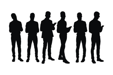 Male teacher silhouette on a white background. Man school teachers wearing uniforms. Tutor standing with books silhouette. Male educators with anonymous faces. Boy tutor silhouette collection.
