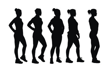 Muscular woman silhouette on a white background. Female sportsman posing to play. Muscular women standing silhouette bundle. Female gymnasts with anonymous faces. Bodybuilder silhouette collection.
