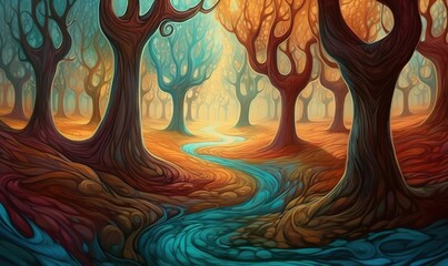  a painting of a forest with a stream running through it.  generative ai