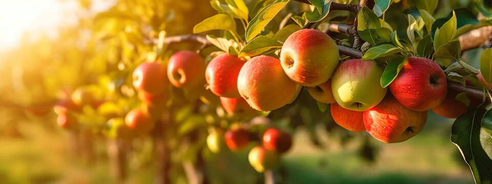  A branch with natural apples on a blurred background of an apple orchard at golden hour. The concept of organic, local, seasonal fruits and harvest