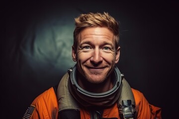 Portrait of a smiling astronaut in an orange suit on a dark background. - Powered by Adobe