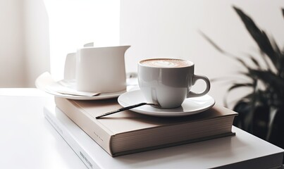 Fototapeta premium a cup of coffee on top of a book and a cup of coffee. generative ai