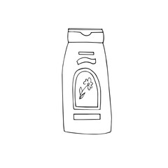 Shampoo jar, cosmetics,vector black-and-white line graphics, isolated on a white background