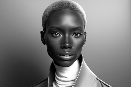 Fictitious afro model with chocolate color skin and puff hair style. AI generated image
