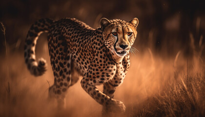 Naklejka premium Majestic cheetah walking in African wilderness area generated by AI