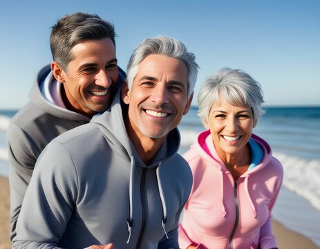 Two handsome ripped men, a gay couple, and a sporty woman in their 50s fooling around while jogging in sportswear on a beach on a sunny day with an ocean in the background, created with generative AI