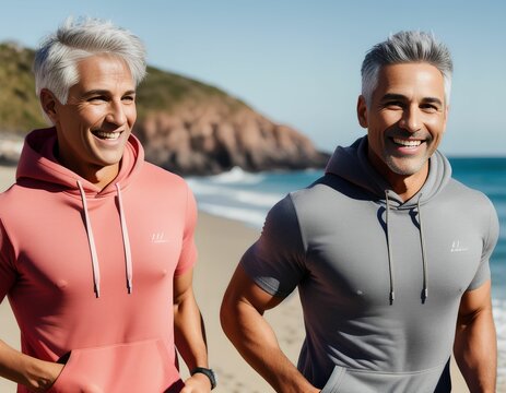 Two handsome grey-haired men in their 40s jogging in sportswear on a beach on a sunny day with an ocean or a sea in the background, created with generative AI