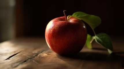 Red apple on wooden table with autumn leaves, shallow depth of field.generative ai