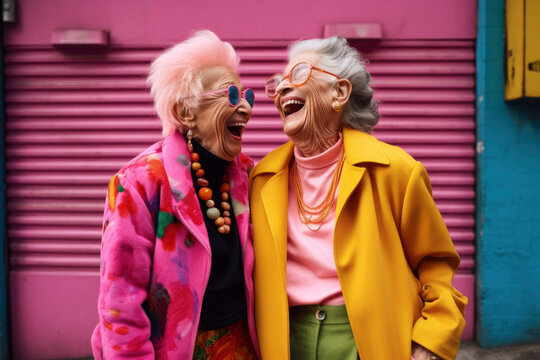 Elderly women in neon laughing in the street. Generative AI