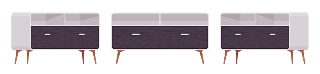 Sideboard buffet credenza, low storage cabinet set. Solid wood dining, living room, condo or kitchen functional furniture. Vector flat style cartoon home, office piece isolated on white background