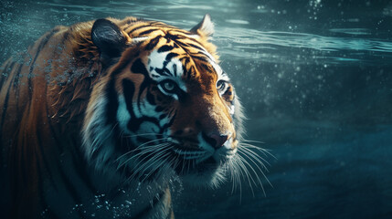 Tiger in the water. Wildlife scene from a wild nature.generative ai