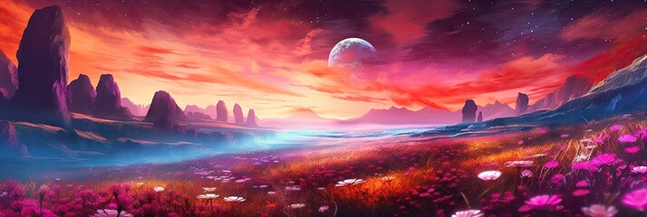 Intergalactic Blooms: Amazing Planetary View in a Field of Flowers - Experience Galaxy Travelling Style in Digital Gaming Art - Flower Field Wallpaper created with Generative AI Technology