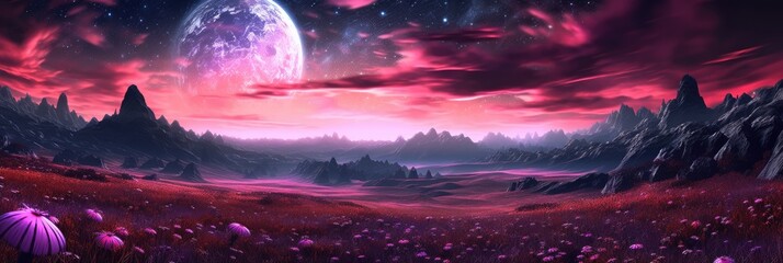 Fototapeta na wymiar Intergalactic Blooms: Amazing Planetary View in a Field of Flowers - Experience Galaxy Travelling Style in Digital Gaming Art - Flower Field Wallpaper created with Generative AI Technology