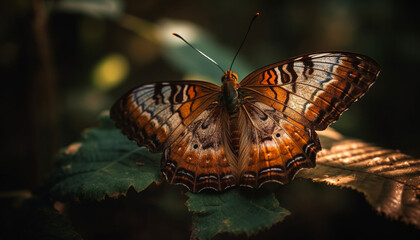 Fototapeta na wymiar Multi colored butterfly wing in vibrant summer forest generated by AI