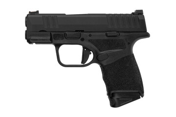 Modern semi-automatic pistol isolate on a white background. Armament for the army and police. Short-barreled weapon - obrazy, fototapety, plakaty