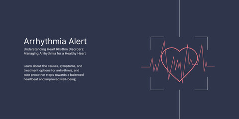 Obraz premium Arrhythmia Alert Banner on Dark Blue Background. Stylish Banner with Text and Icon for Healthcare and Medical