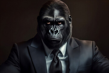 Portrait of a Gorilla dressed in a formal business suit, The Elegant Boss Gorilla, generative AI