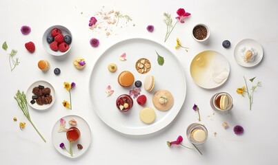 Fototapeta na wymiar a white plate topped with desserts next to a bowl of fruit. generative ai