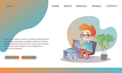 Boy Assembling and Programming Robot, young engineer character working on future technology. Educational project cartoon style, vector illustration