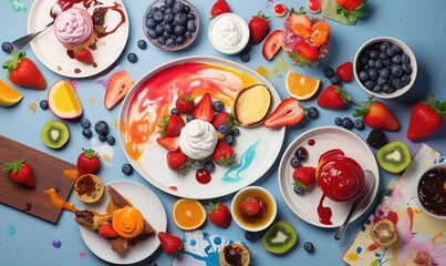 a table topped with plates of fruit and desserts on top of a blue surface.  generative ai
