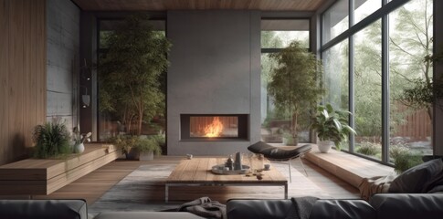 Fototapeta na wymiar Panoramic view of luxurious living room with fireplace sofa with natural view. Generative AI.