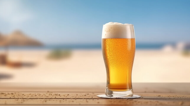 Glass of beer on bar table with blurred ocean or sea beach at background. Summer relax. AI generative