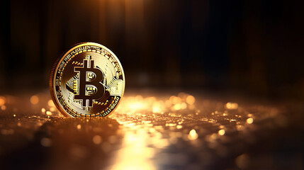 golden bitcoin coin on gold bokeh background with copy space. 3D illustration. Generative AI