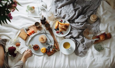  a person is eating breakfast on a bed with a blanket.  generative ai