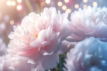 A close up of a bunch of flowers with lights in the background. Generative AI. Fresh peony flowers.