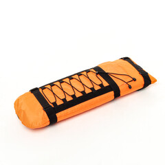 Orange diving buoy on white background. Surface locating buoy. Diving and spearfishing. Equipment...